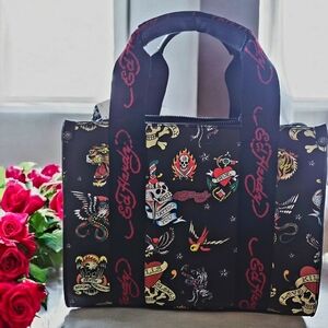 Ed Hardy Black Skull & Hearts Tattoo Print With Shoulder Strap Bag  11"x9"x3.5"